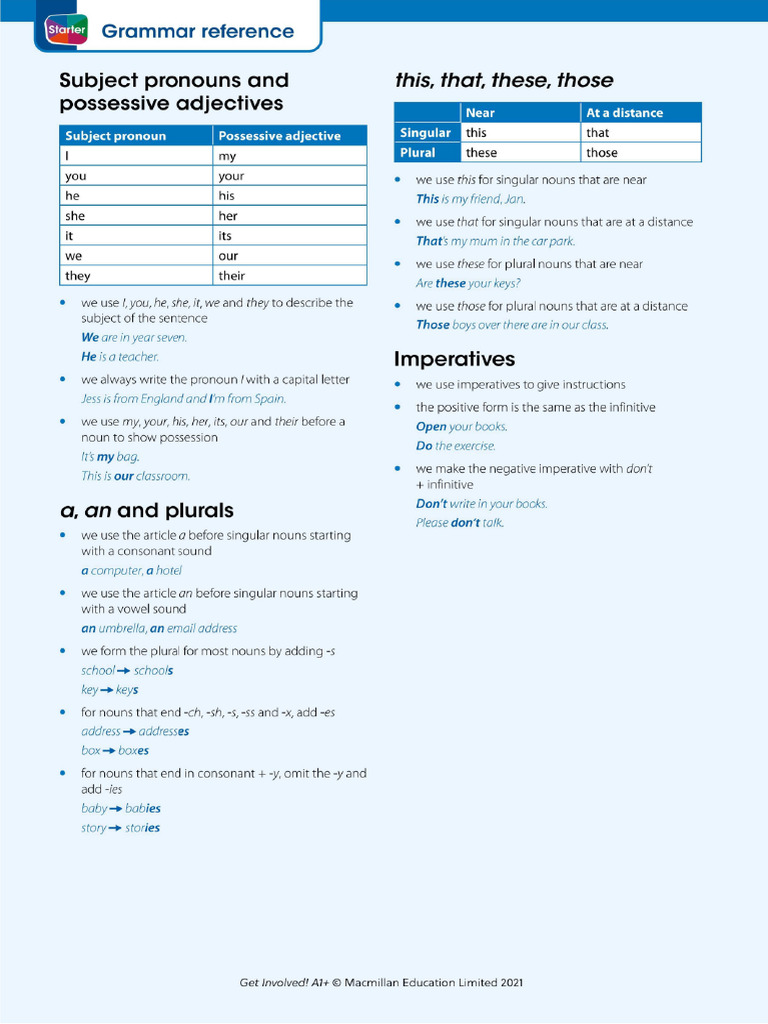 A1 Grammar Reference: Pronouns & Adjectives | PDF | Plural ...