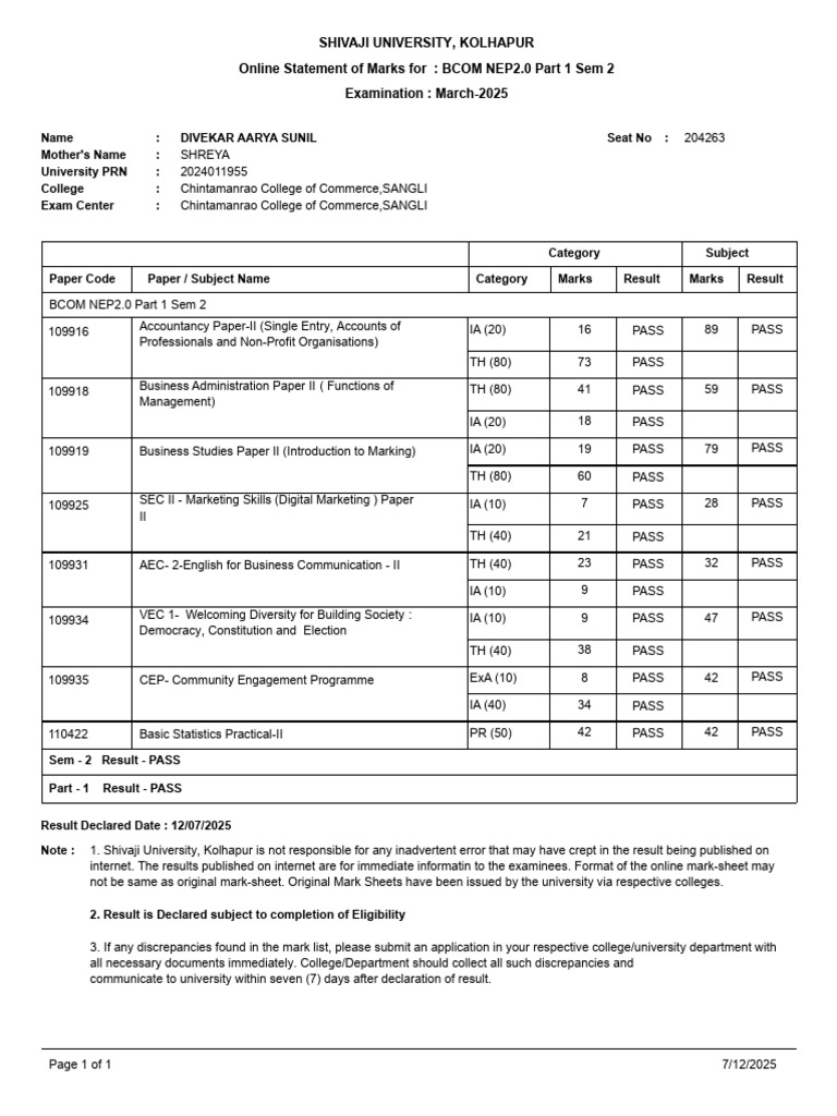 BCOM NEP2.0 Sem 2 Marks - Shivaji Univ | PDF