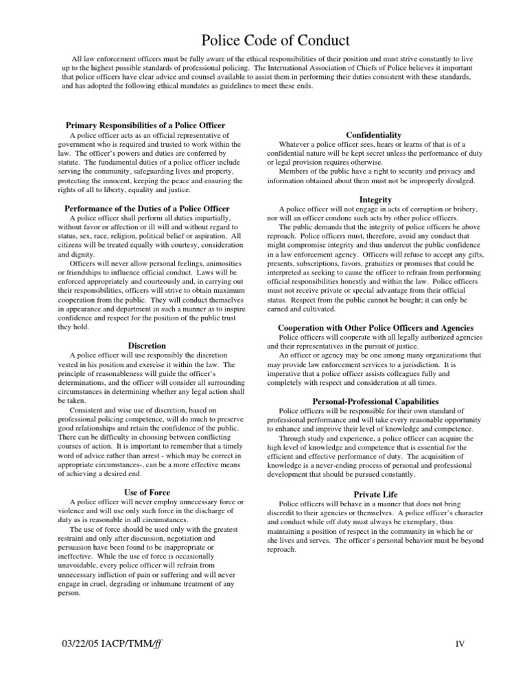Code Of Conduct Pdf Discretion Police