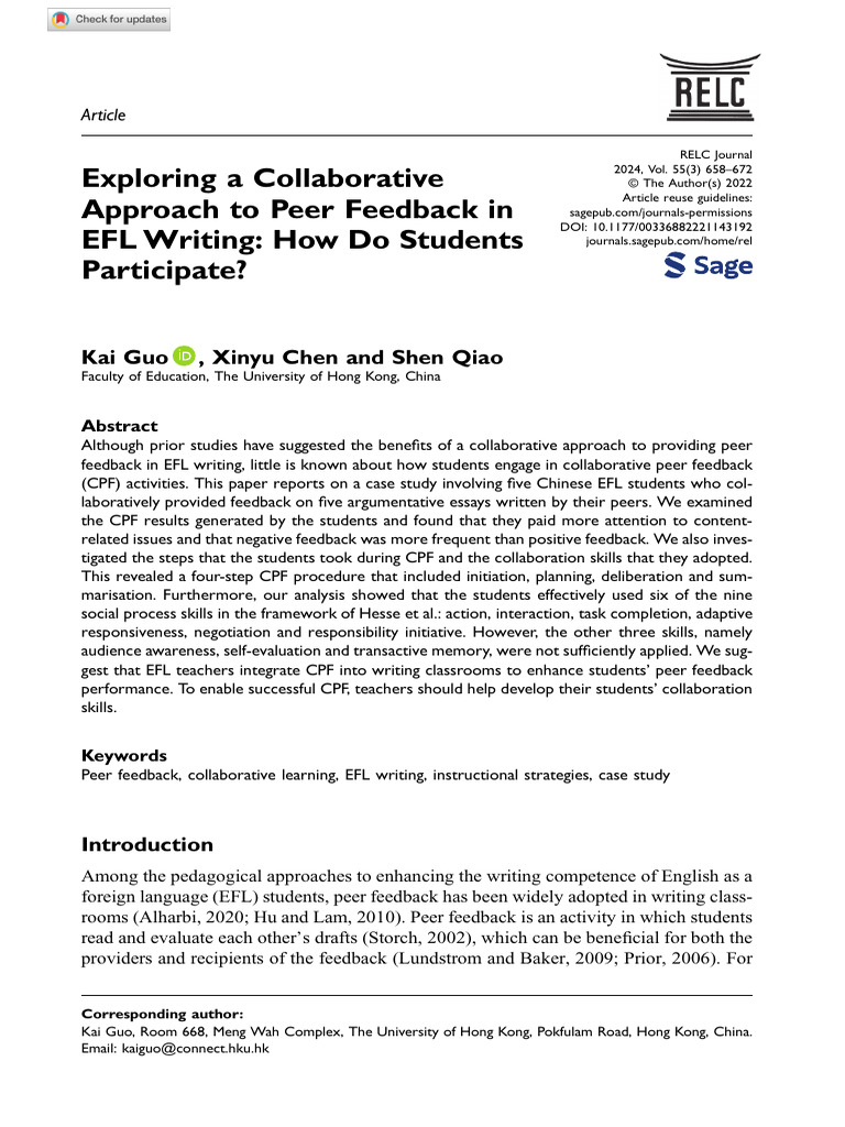 Collaborative Peer Feedback in EFL Writing | PDF | English As A Second ...