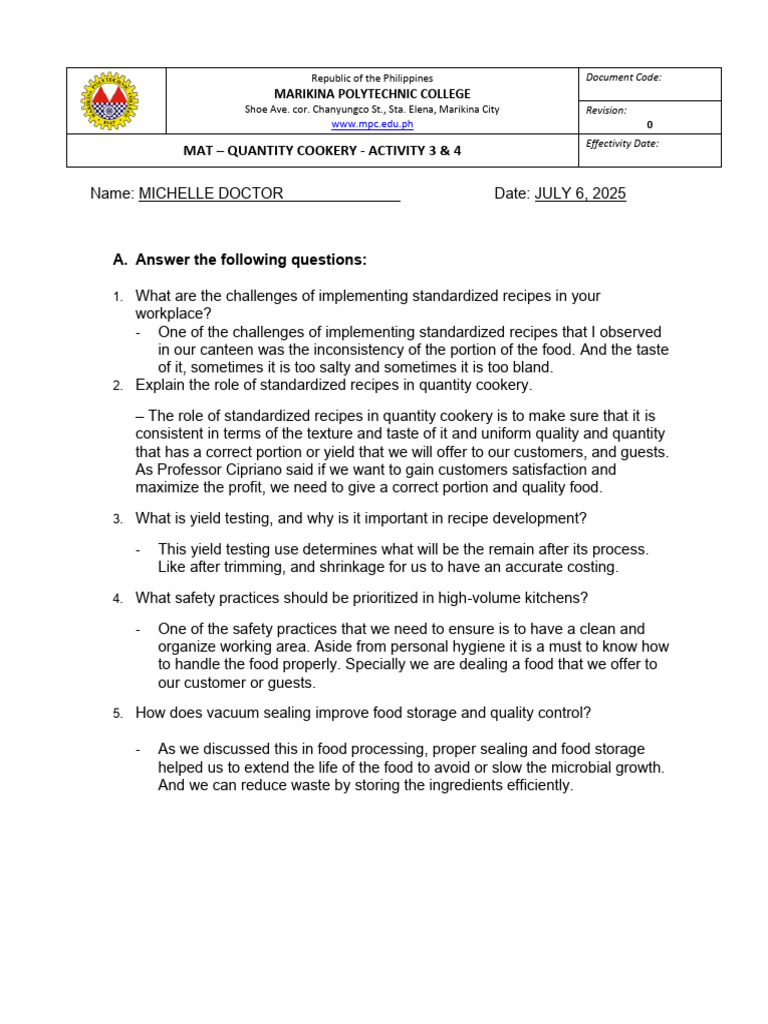 Quantity Cookery Syllabus Overview | PDF