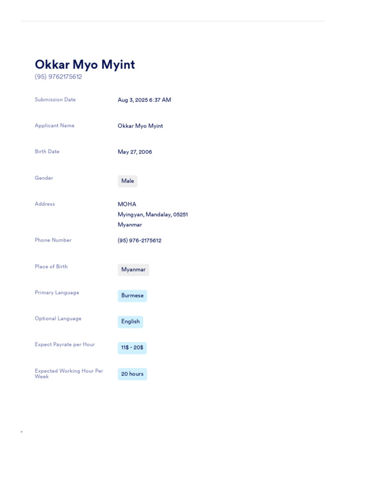 Okkar Myo Myint's Job Application | PDF