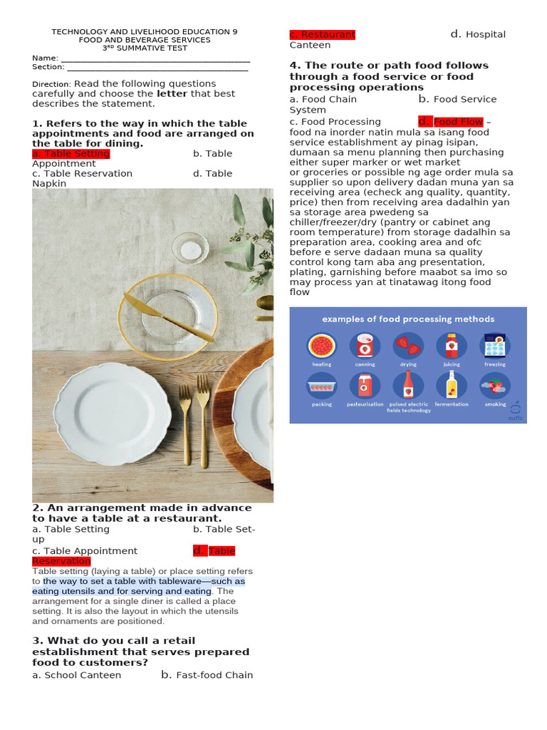 Food and Beverage Services Test 9 | PDF | Tableware | Foodservice