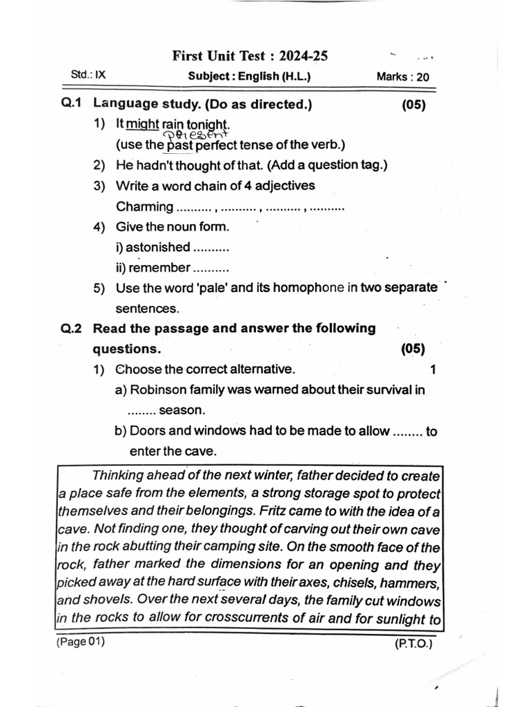 9th English 1st Unit Test Shakuntala 2024-25 | PDF