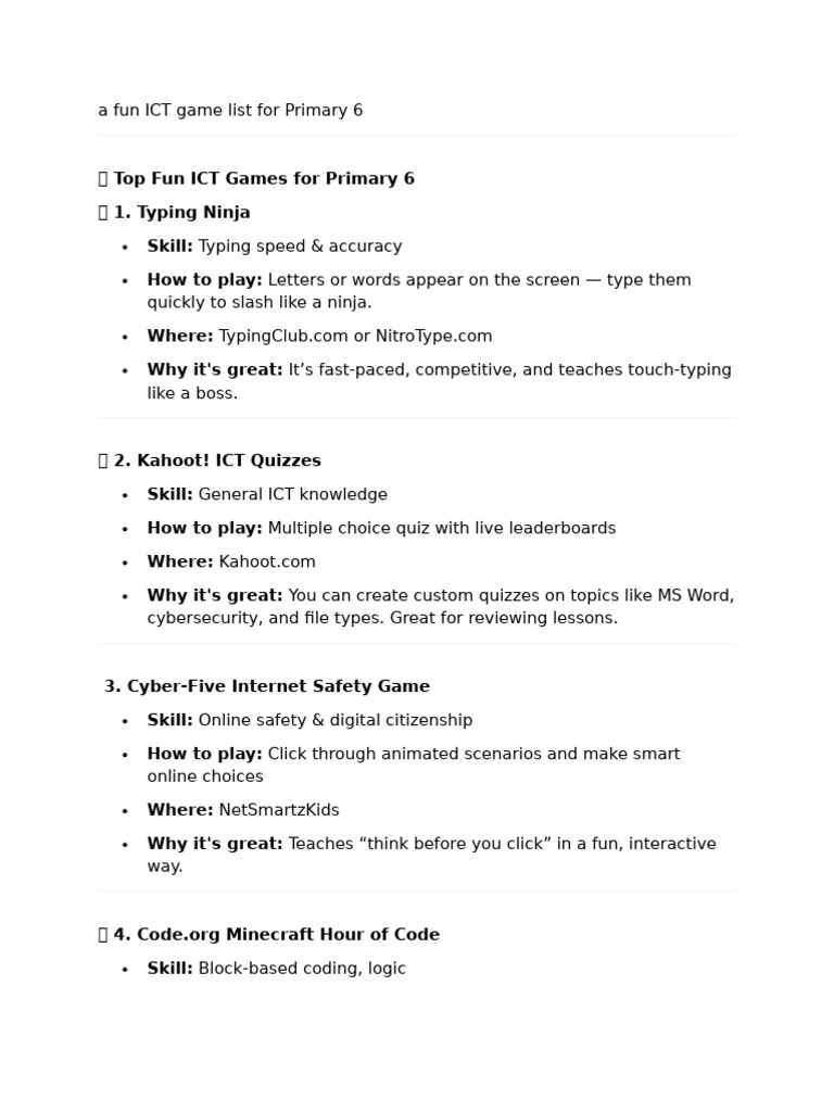 Fun ICT Games for Primary 6 | PDF | Educational Technology | Computer ...