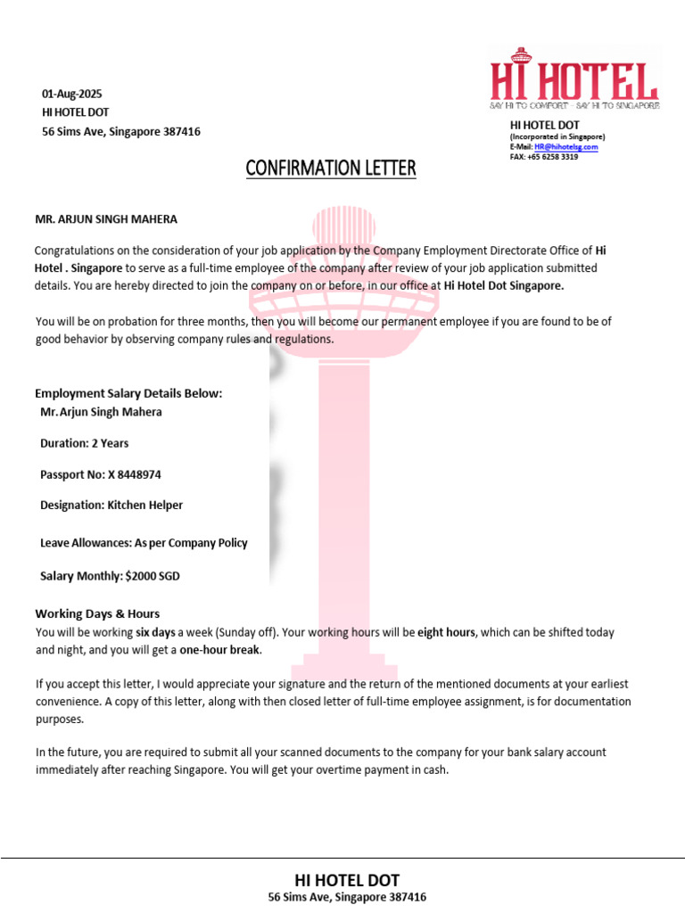 Arjun Singh Mahera Hi Hotel Dot Confirmation Letter | PDF | Employment |  Economies