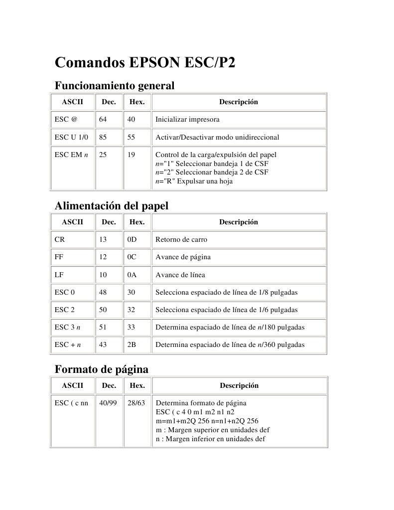 Comandos EPSON ESC | PDF | Ascii | Texto