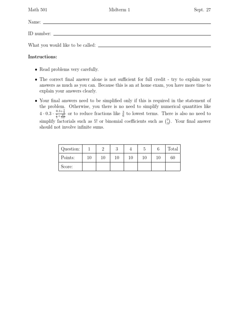 Math 501 Midterm 1 Exam Instructions | PDF | Probability Theory ...