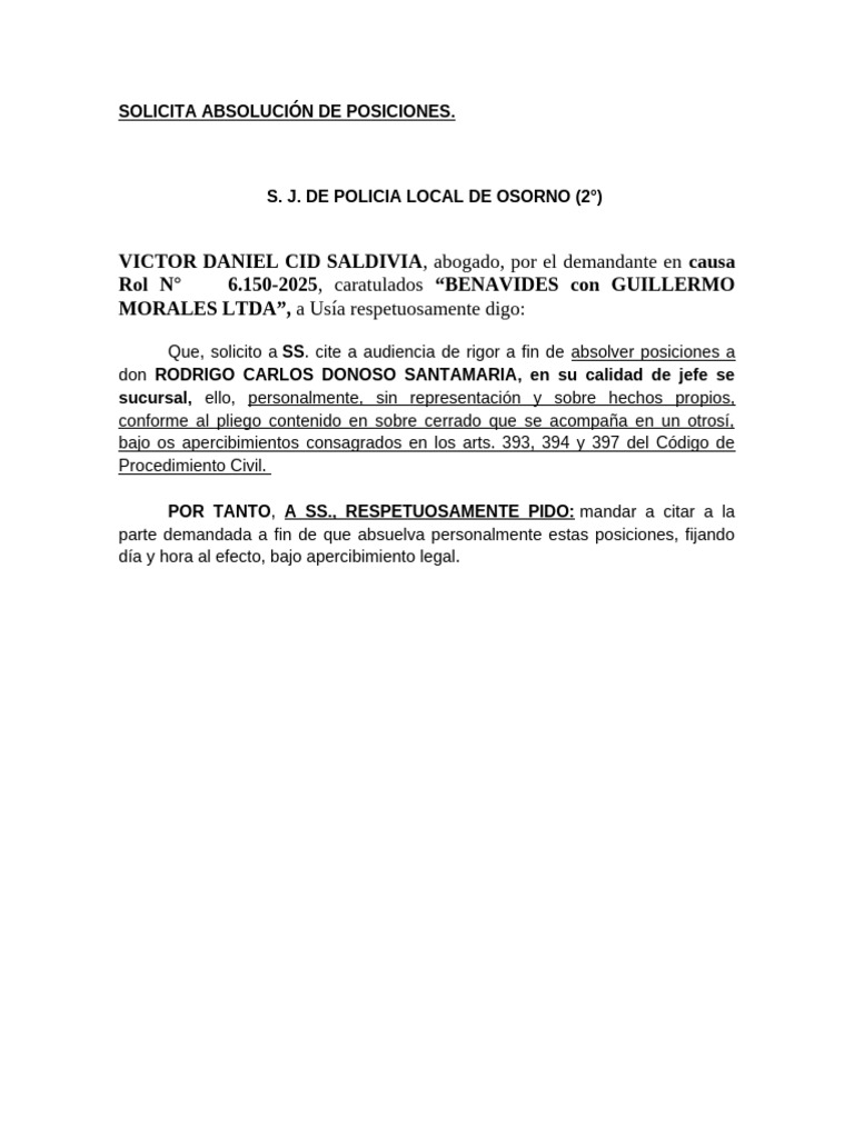 Solicita Absolución de Posiciones Jose Benavides | PDF