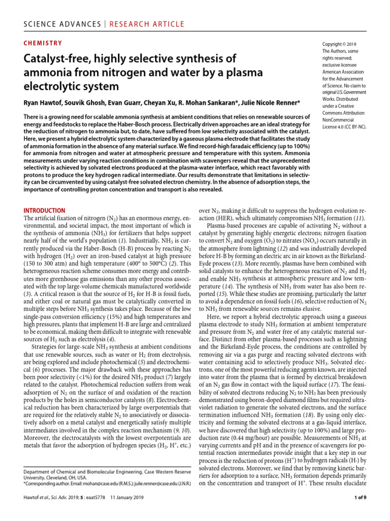 Catalyst-Free, Highly Selective Synthesis of Ammonia | PDF | Ammonia ...