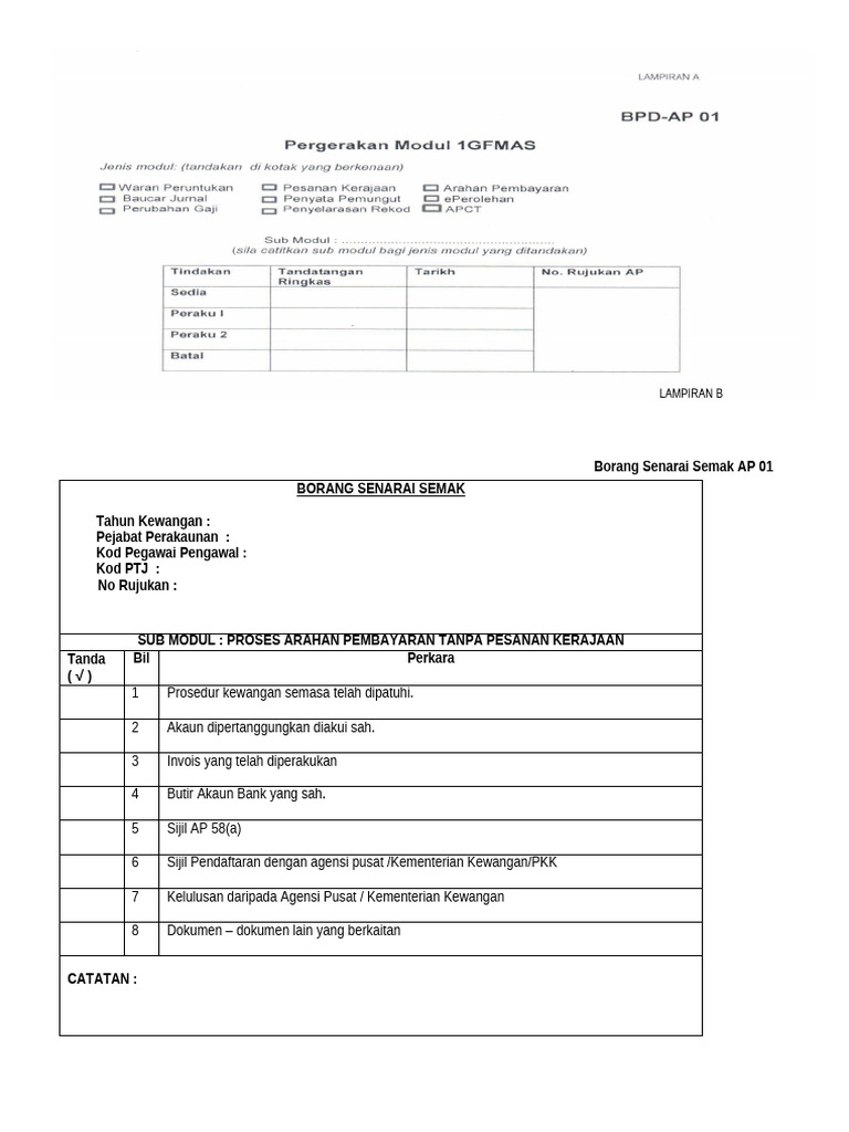 Borang Senarai Semak Ap 01 Arahan Pembayaran Tanpa Pesanan Kerajaan | PDF