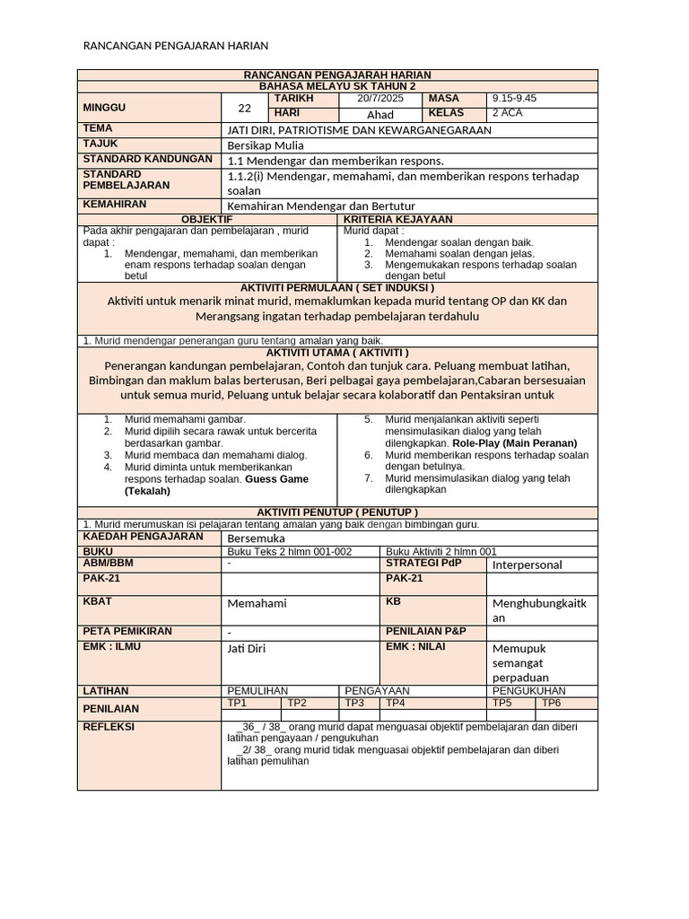 RPH Minggu 22 BM THN 2 | PDF