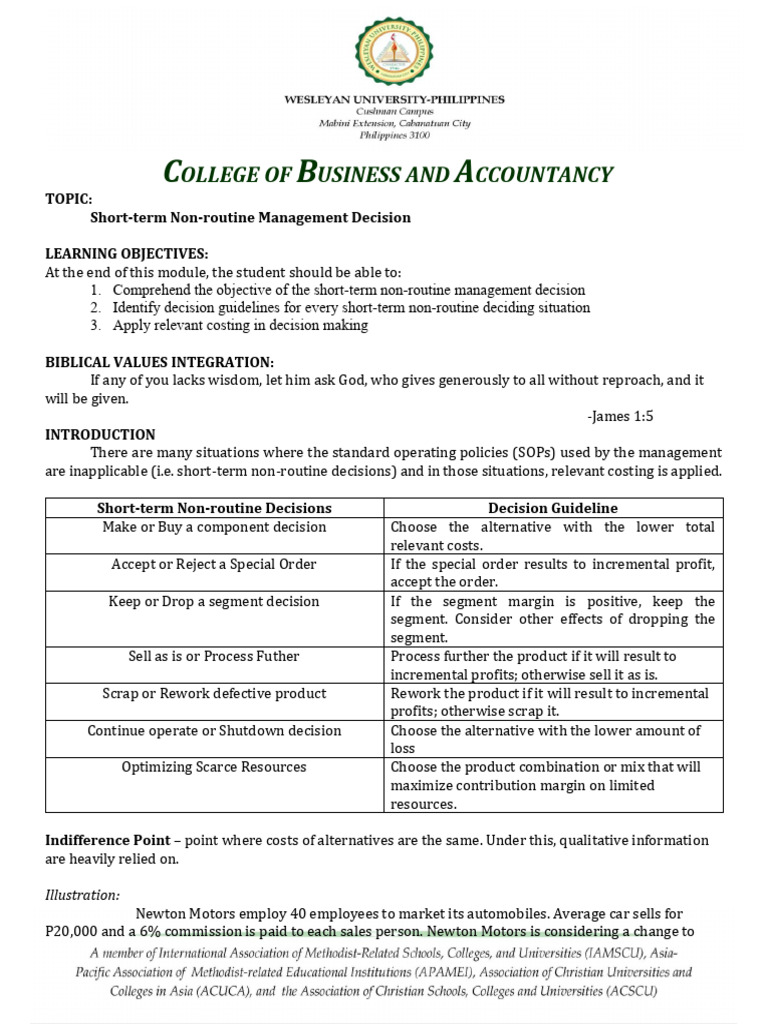 Short-term Non-routine Management Decisions | PDF | Economies ...
