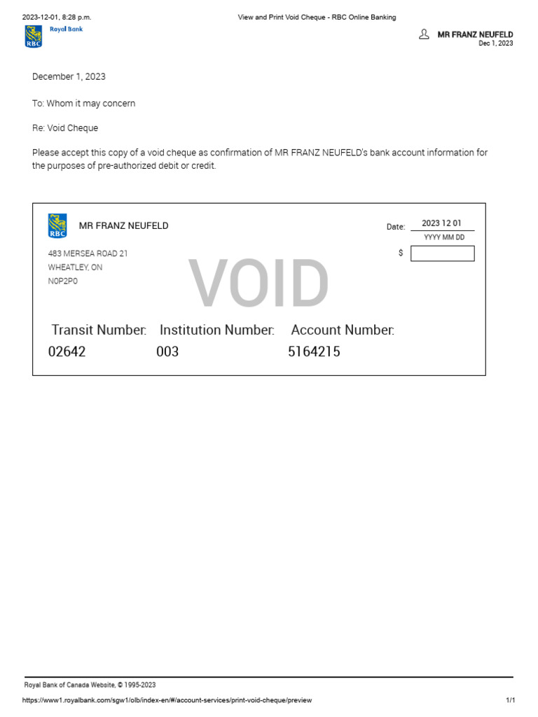 View and Print Void Cheque - RBC Online Banking 23.5k | PDF