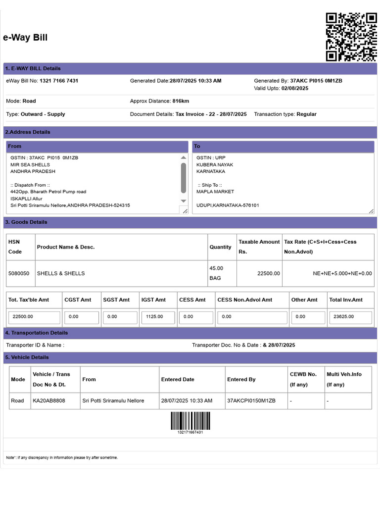 E-Way Bill for Shells Transport | PDF | Taxes | Government Finances