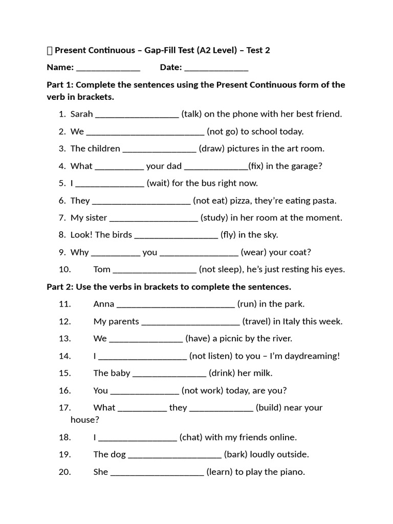 ? Present Continuous A2 Test 2 | PDF