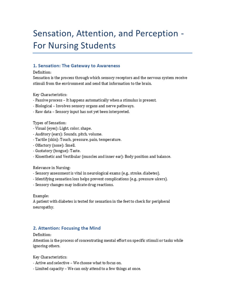 Sensation, Attention, and Perception in Nursing | PDF | Senses | Perception