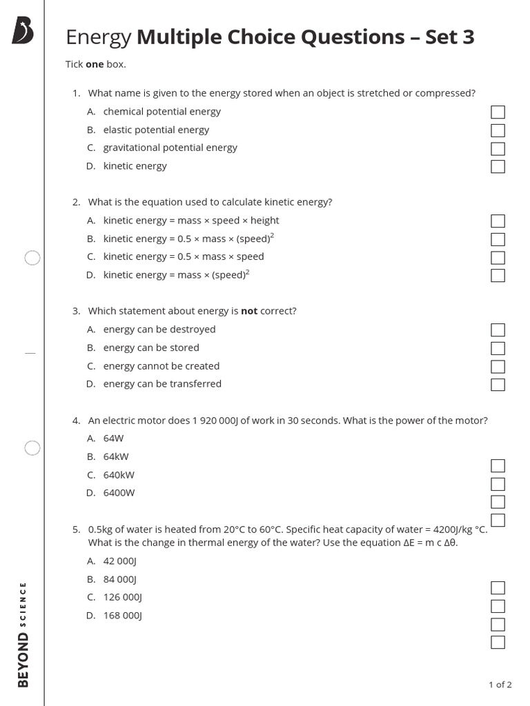 Energy Concepts: MCQ Worksheet & Answers | PDF | Potential Energy ...