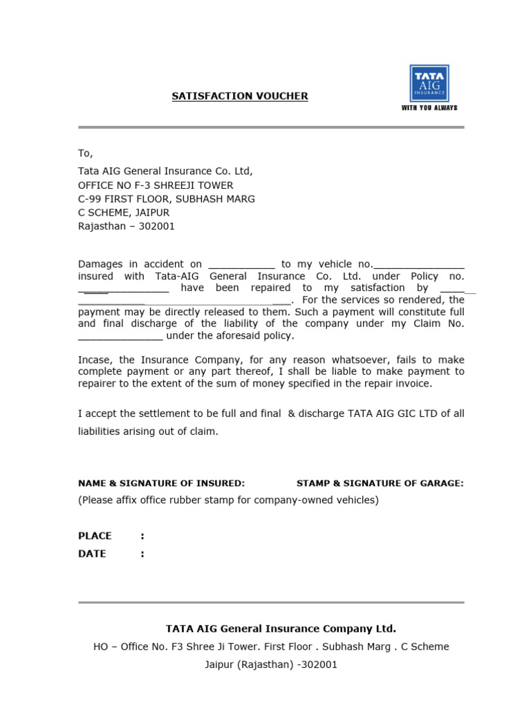 Tata AIG Motor Claim Satisfaction Voucher | PDF