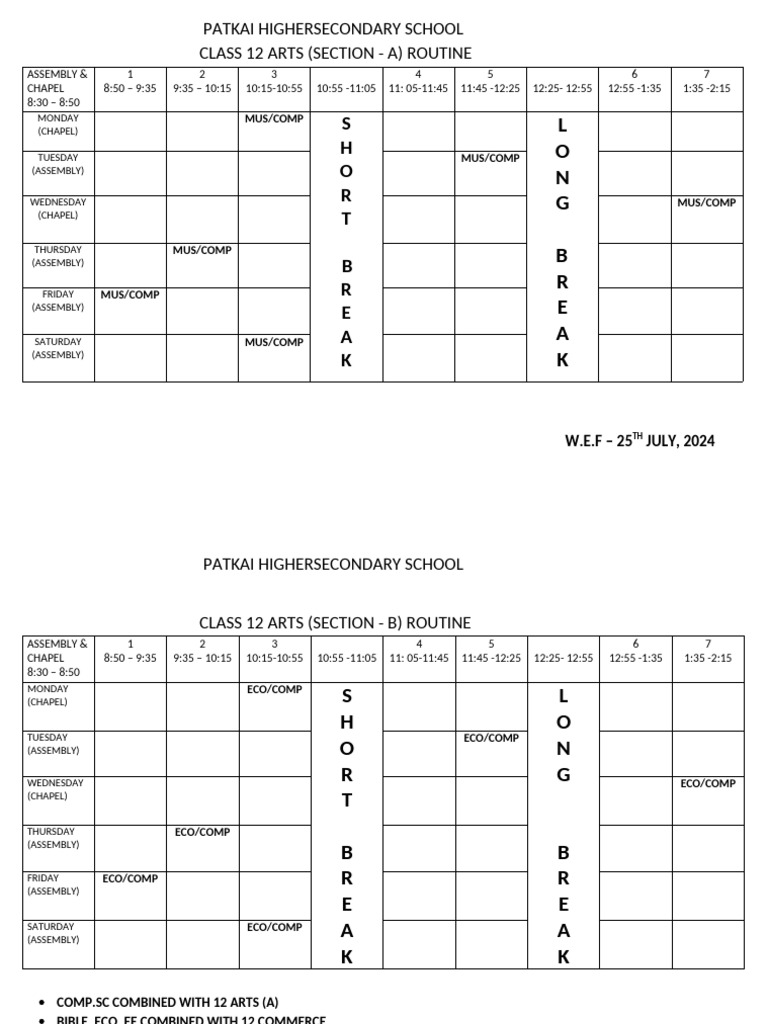Class 12 Routine 2024 - Patkai School | PDF