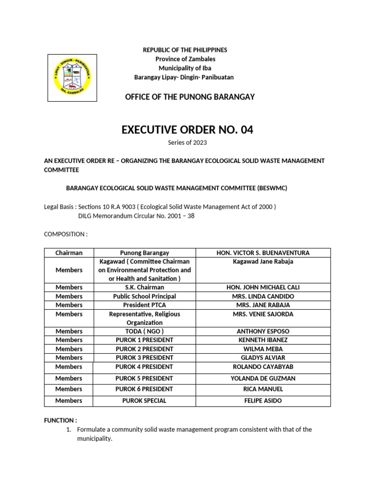 Executive Order No. 12 BSWMC | PDF | Waste Management | Pollution