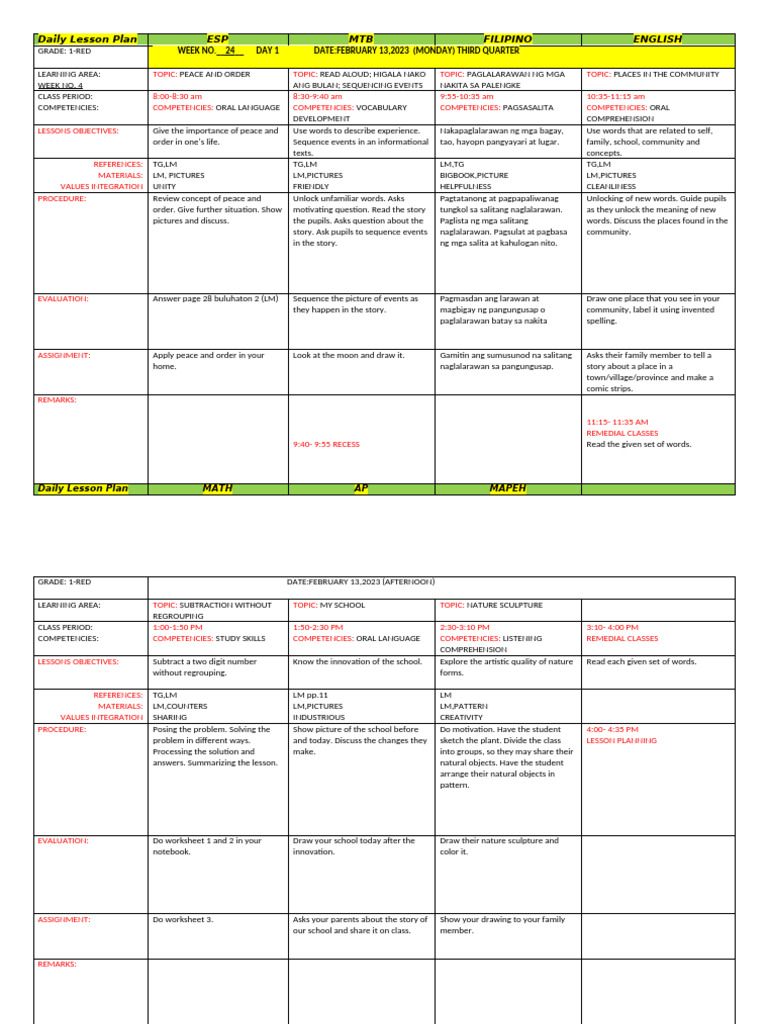 Daily Lesson Plan THIRD 2016-17 | PDF | Lesson Plan | Study Skills