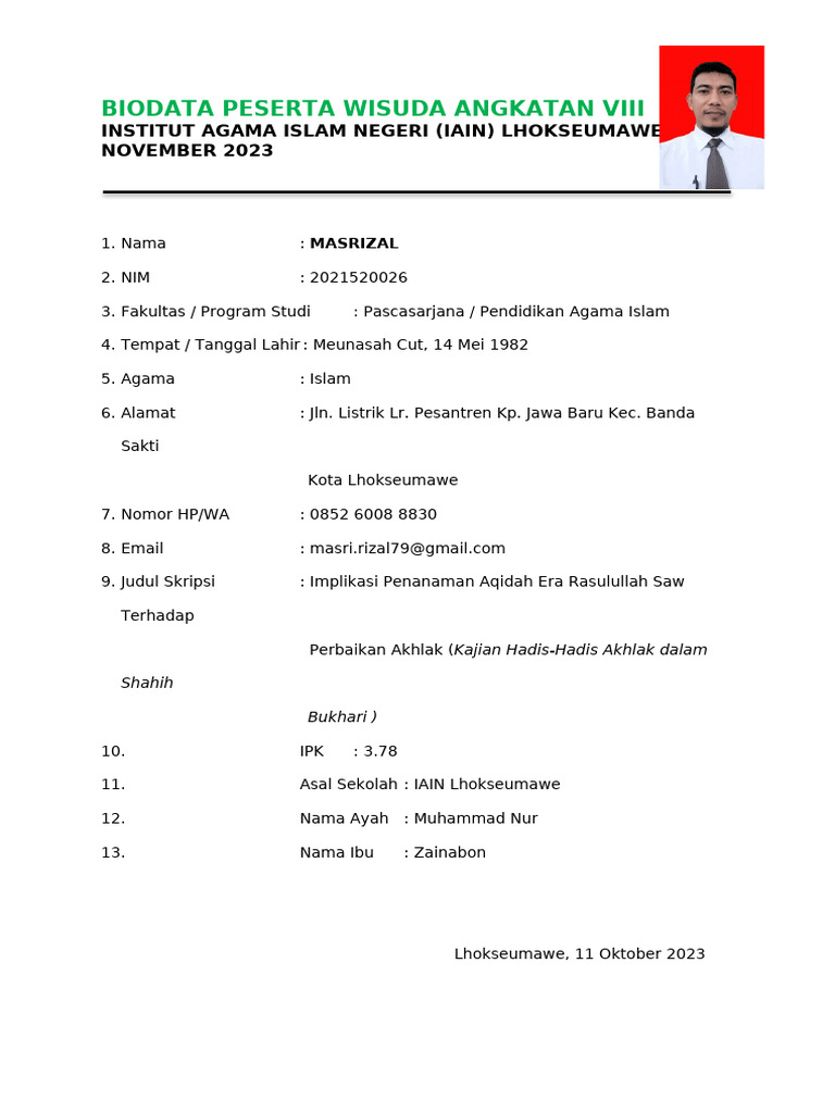 Biodata Wisuda Masrizal IAIN Lhokseumawe | PDF