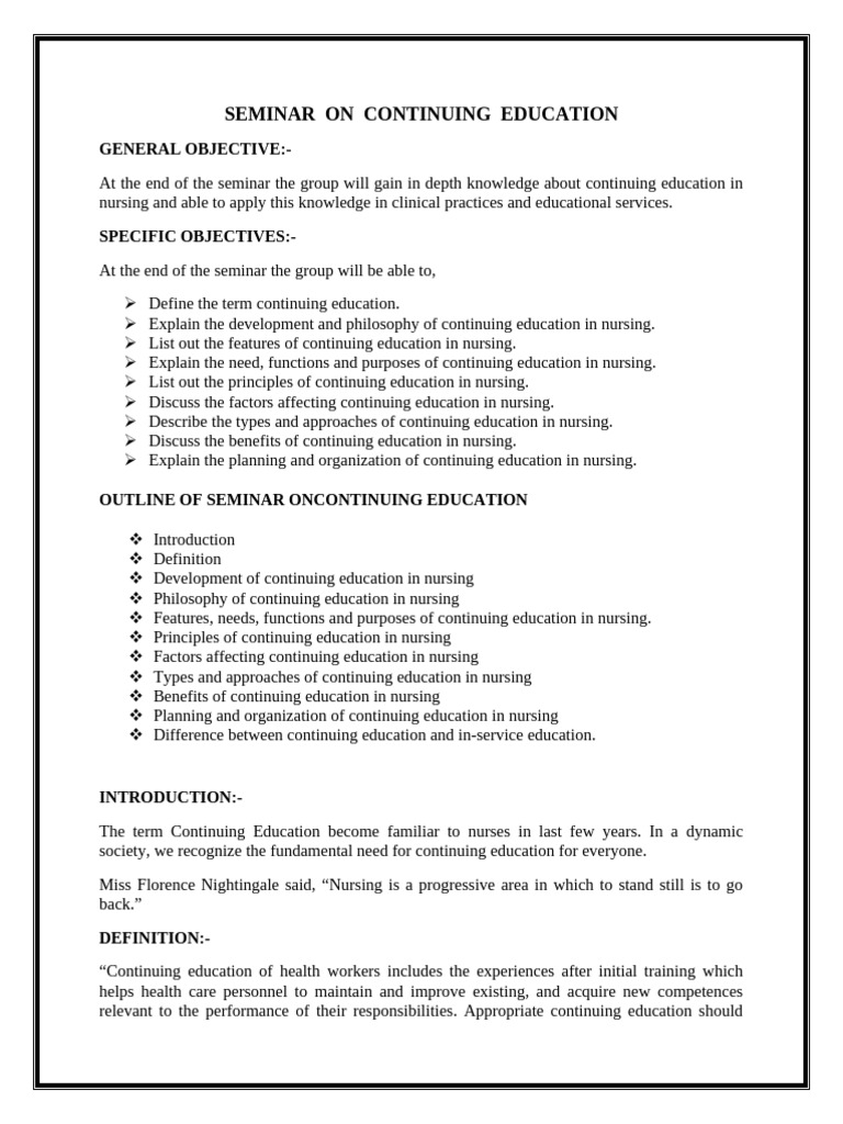 Continuing Education in Nursing Seminar | PDF | Learning | Nursing
