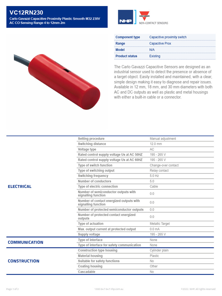 VC12RN230 AU Capacitive Proximity Sensor Datasheet | PDF | Capacitor ...