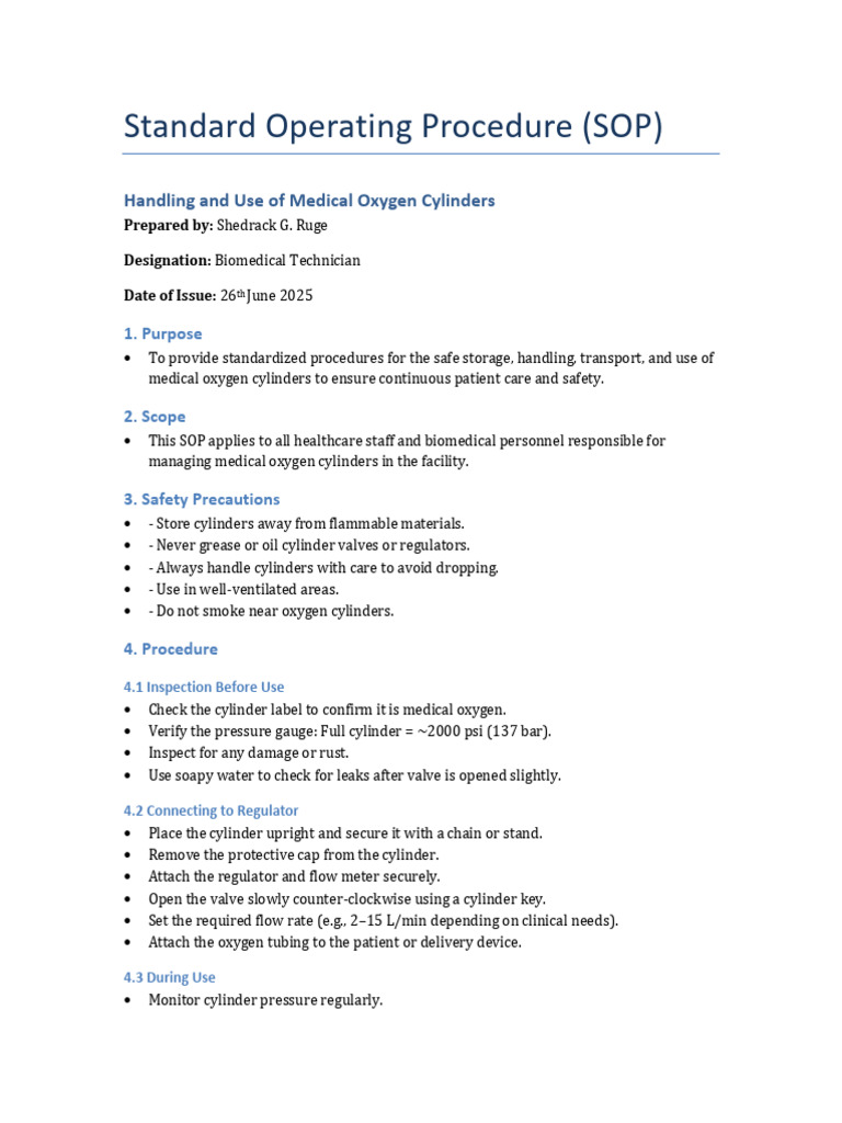 SOP for Medical Oxygen Cylinder Handling | PDF