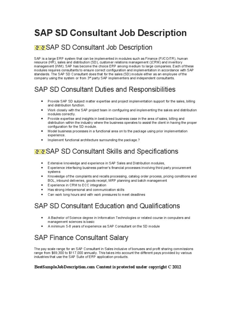 SAP SD Consultant Job Description in Word Format | PDF | Sap Se |  Enterprise Resource Planning