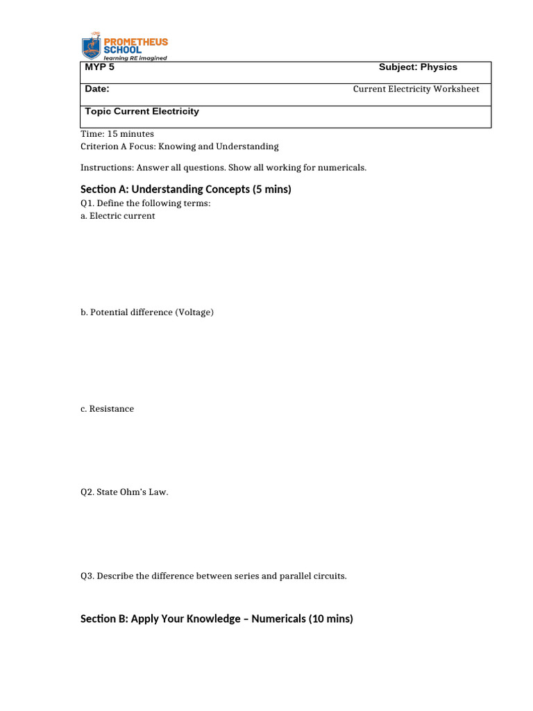 Current Electricity Worksheet MYP5 | PDF
