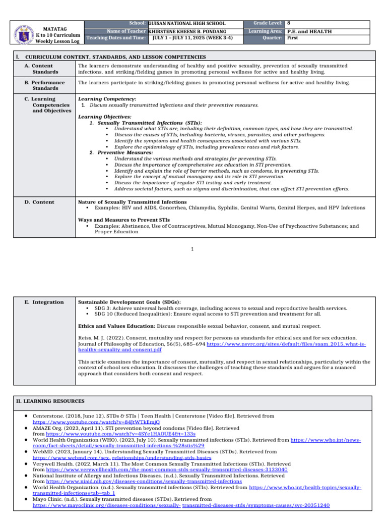 K-10 PE Weekly Lesson Log: STIs Awareness | PDF | Sexually Transmitted ...