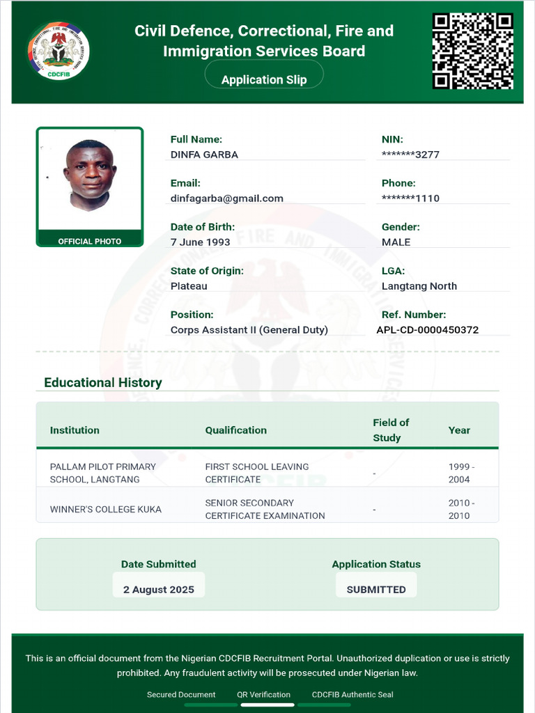 DINFA GARBA Application Slip | PDF