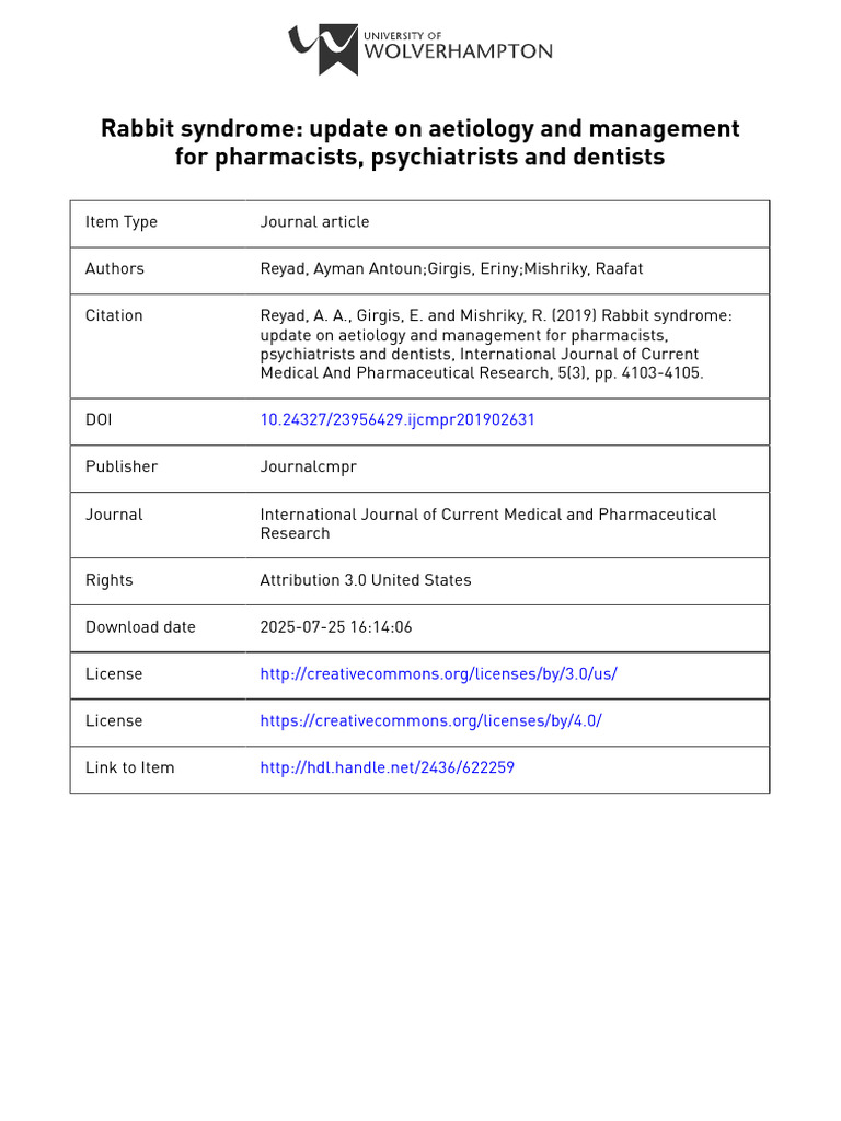 Reyad Rabbit Syndrome 2019 | PDF | Antipsychotic | Pharmacology