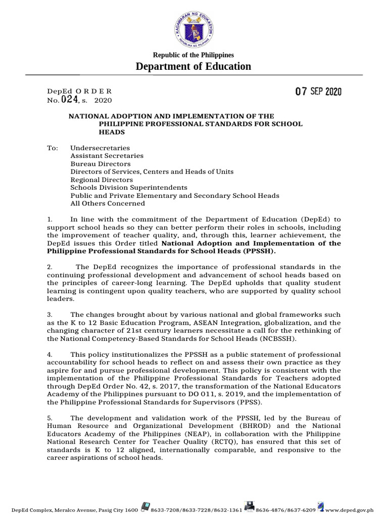 DepEd Order No. 24, s. 2020: PPSSH Implementation | PDF | Leadership ...