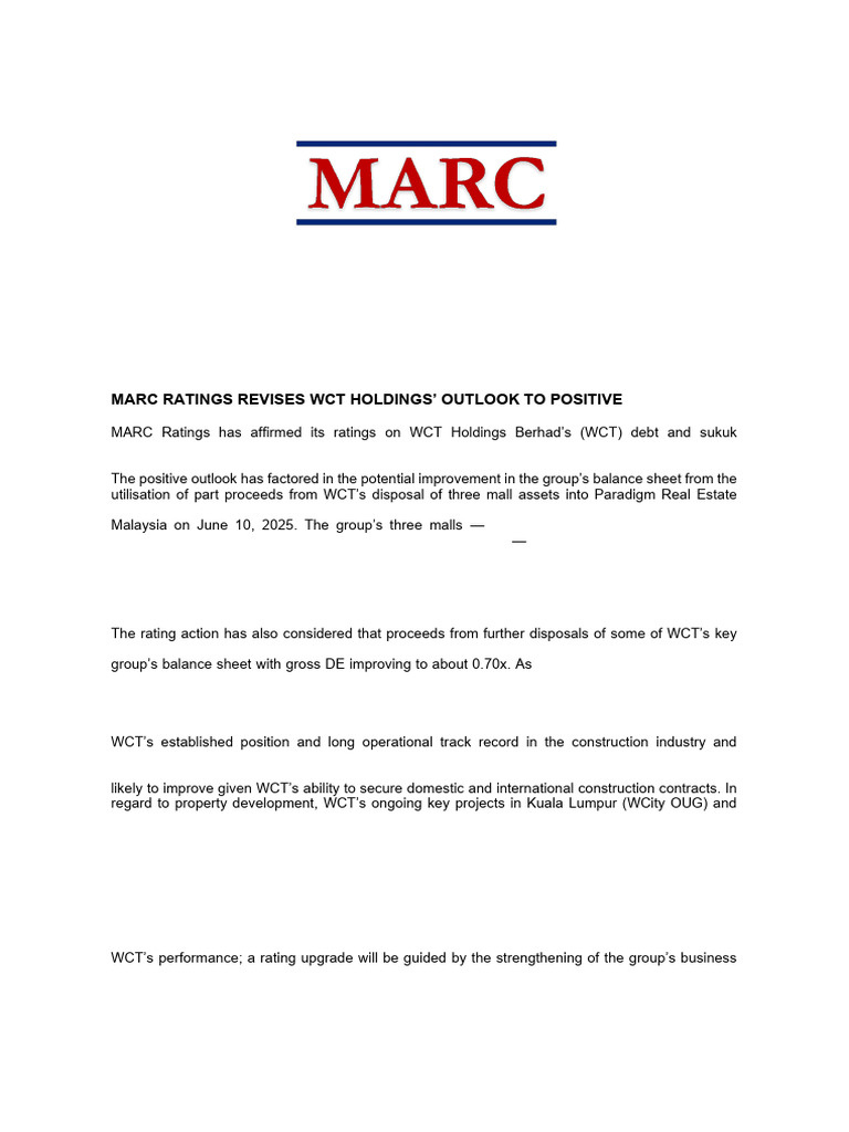 WCT Holdings Outlook Revised to Positive | PDF | Real Estate Investment ...