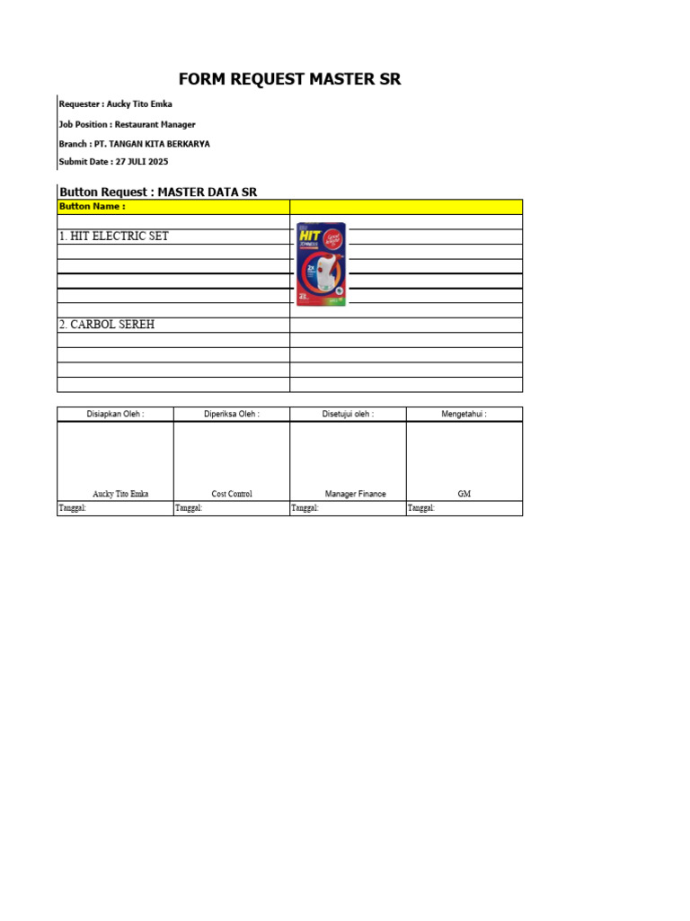 Permintaan Master Data SR Restoran | PDF