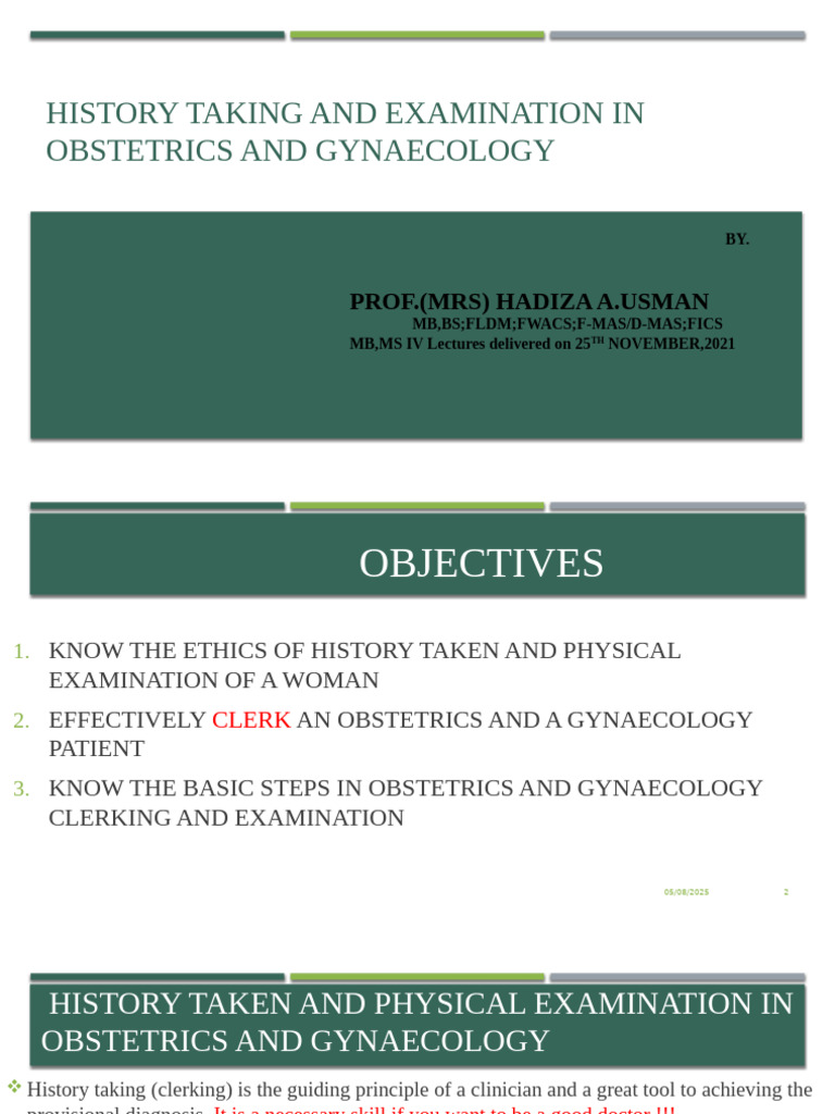 HISTORY TAKING and Examination IN OBSTETRICS AND GYNAECOLOGY 2 | PDF ...