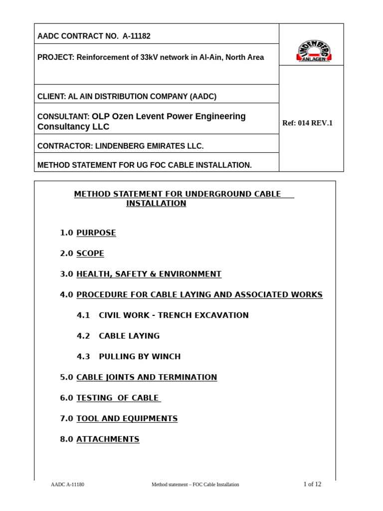 Method Statement for FOC Cable Installation | PDF | Pipe (Fluid ...
