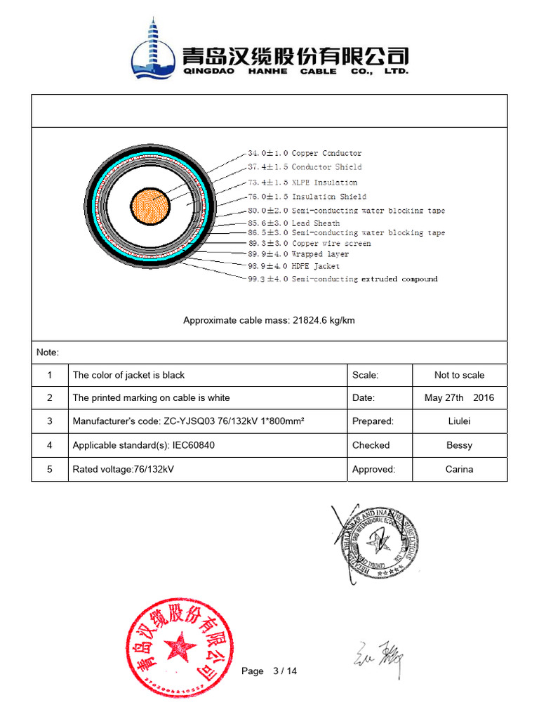 132KV 800mm² Cable Data Sheet | PDF | Alternating Current | Electrical ...