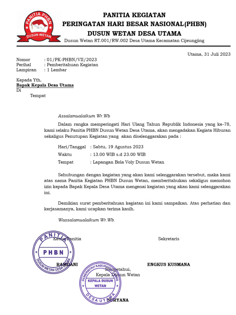 Pemberitahuan Kegiatan PHBN Desa Utama | PDF