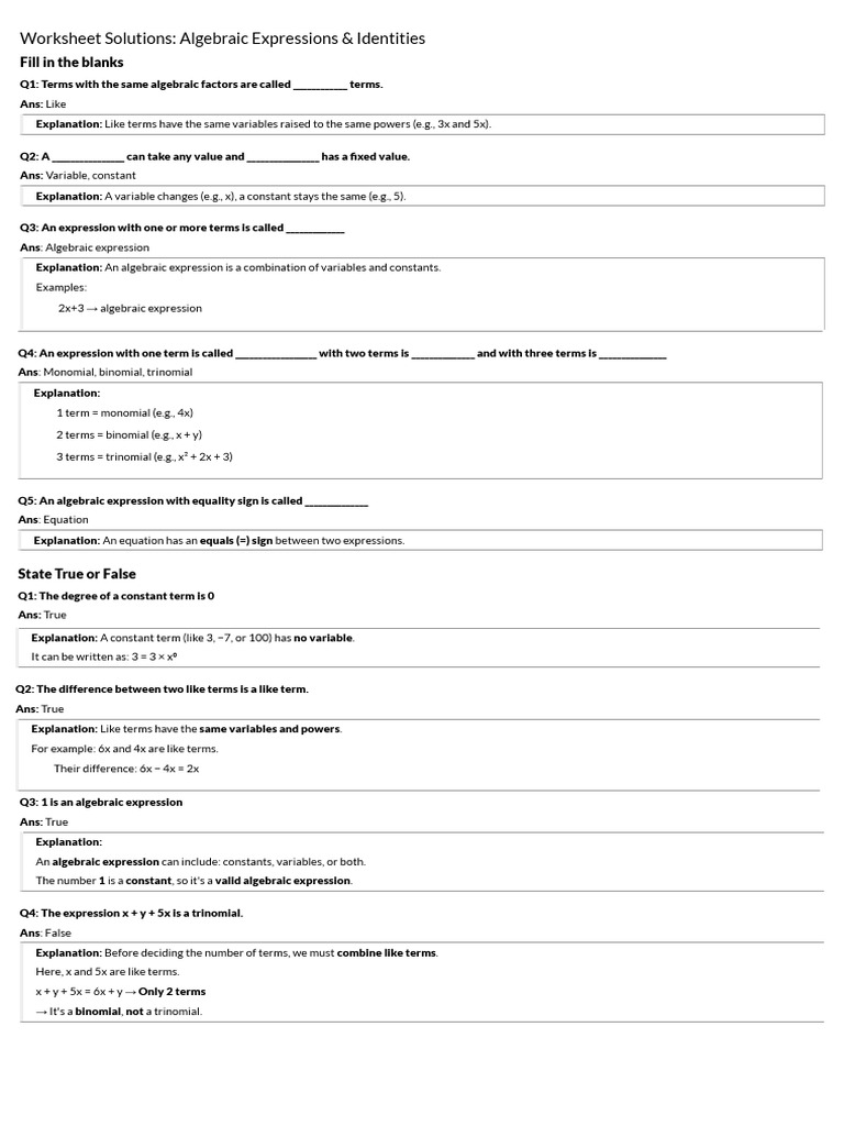 Class 8 Maths - Algebraic Expressions and Identities CBSE Worksheets ...