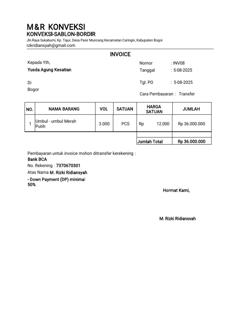 Invoice Pembayaran Umbul M&R Konveksi | PDF