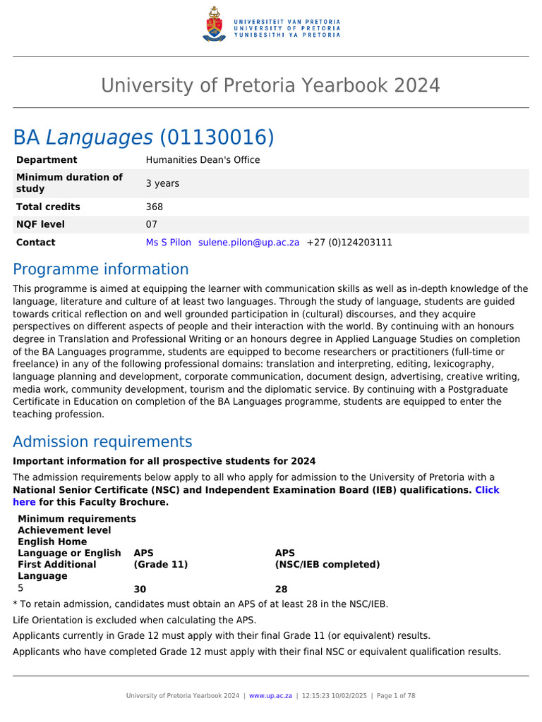 University of Pretoria BA Languages 2024 | PDF | Hebrew Language ...