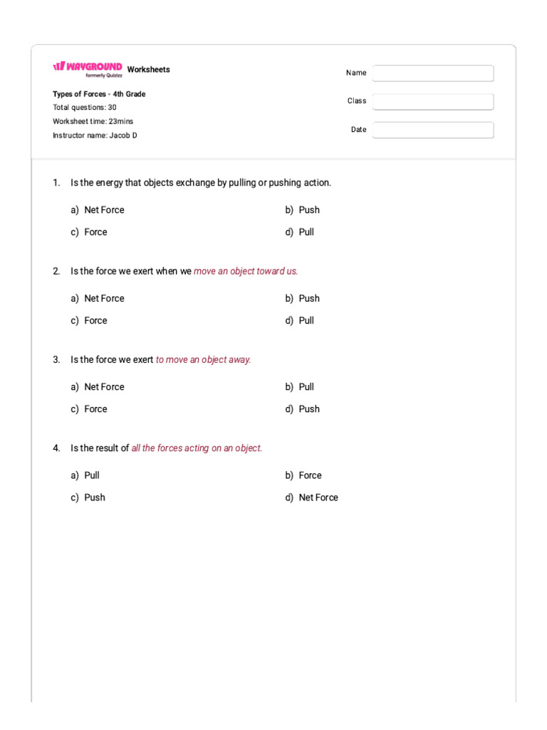 Types of Forces Worksheet for Grade 4 | PDF | Force | Weight