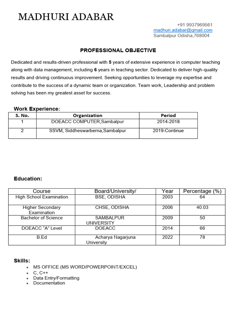 Resume Madhuri Adabar | PDF