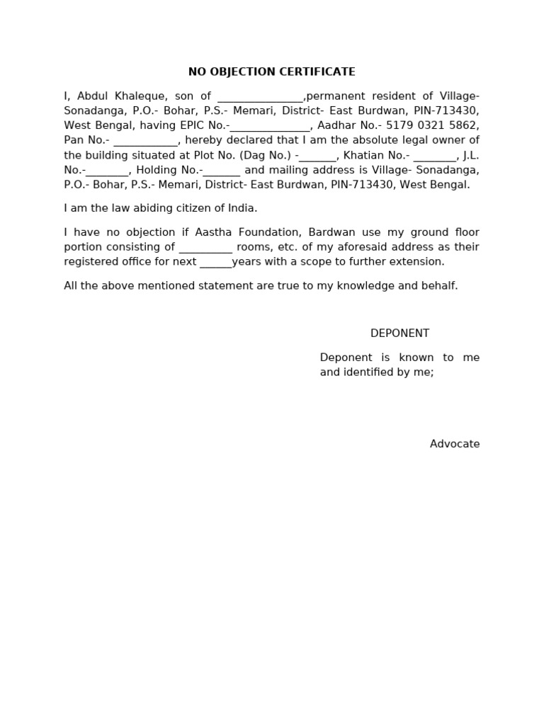 No Objection Certificate of the Owner | PDF