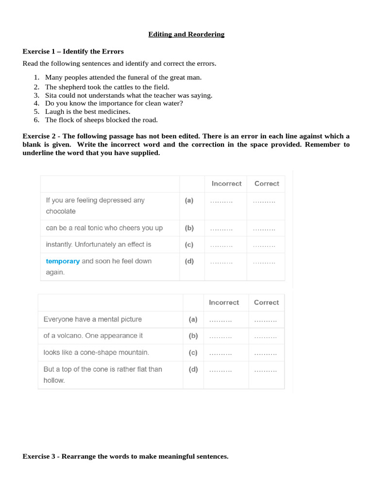 Error Correction and Sentence Reordering Exercises | PDF