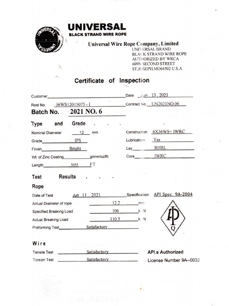 Scan Wire Rope 12mm, Usa (6x36ws) Iwrc-2021 | PDF
